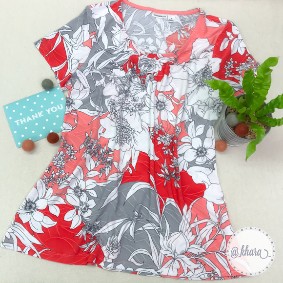 Croft & Barrow Red/Coral/Gray Floral Blouse - Picture 7 of 7